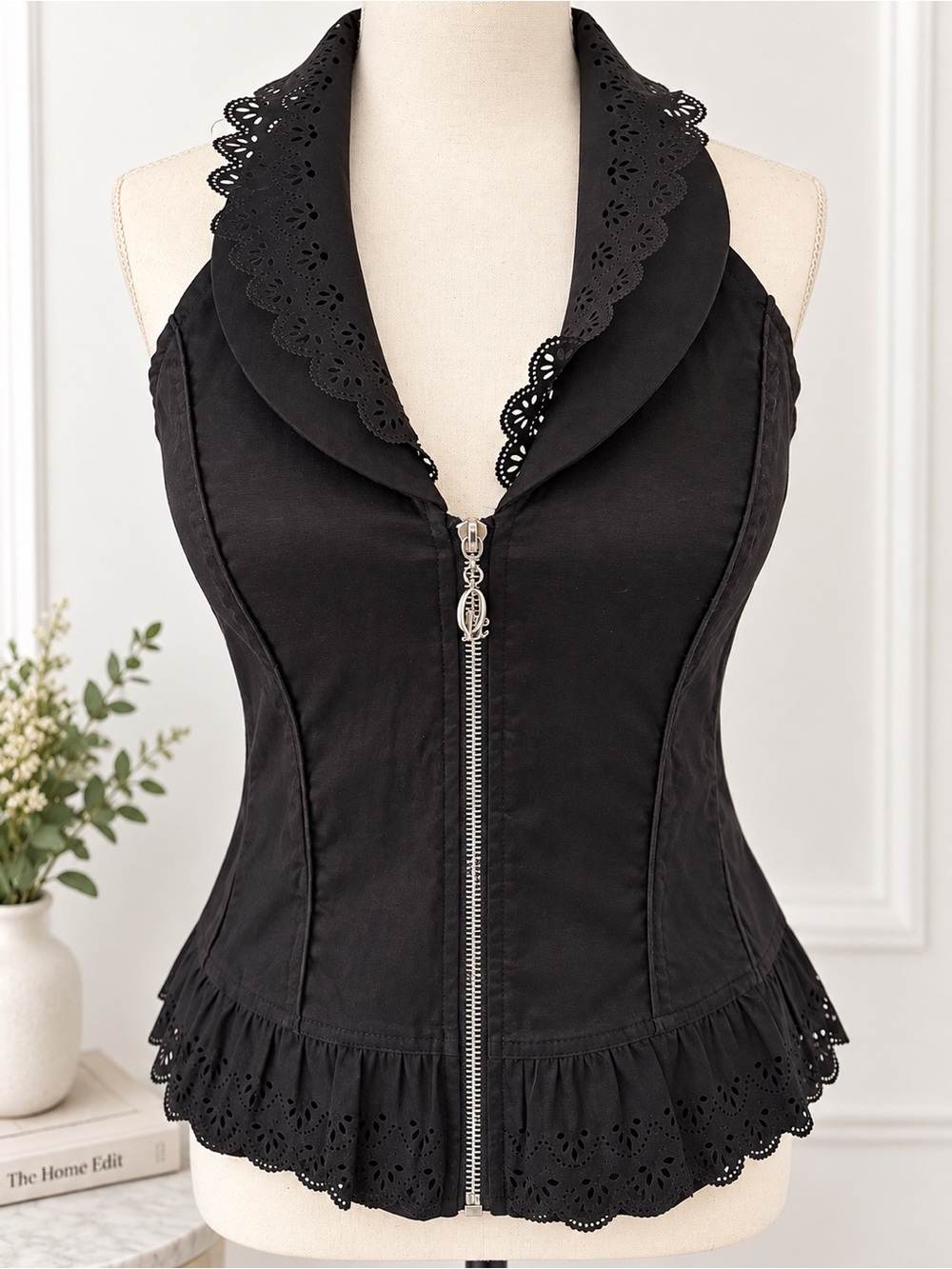 Ole Ole Y2K Black Corset Vest Top – Zip Front Eyelet Ruffle Detail